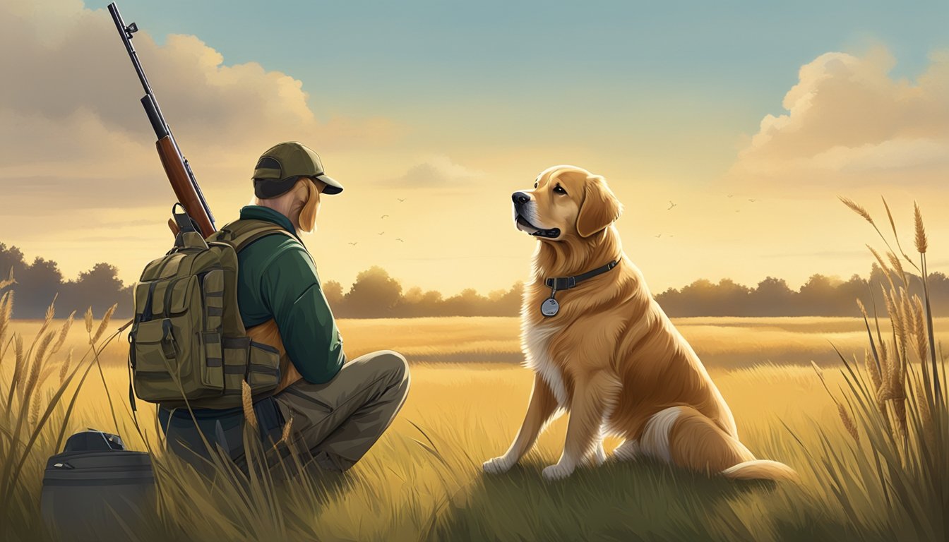 A golden retriever sits beside a hunter in a field, surrounded by tall grass and scattered training equipment. The dog eagerly awaits commands, ready to demonstrate its skills in gun dog training