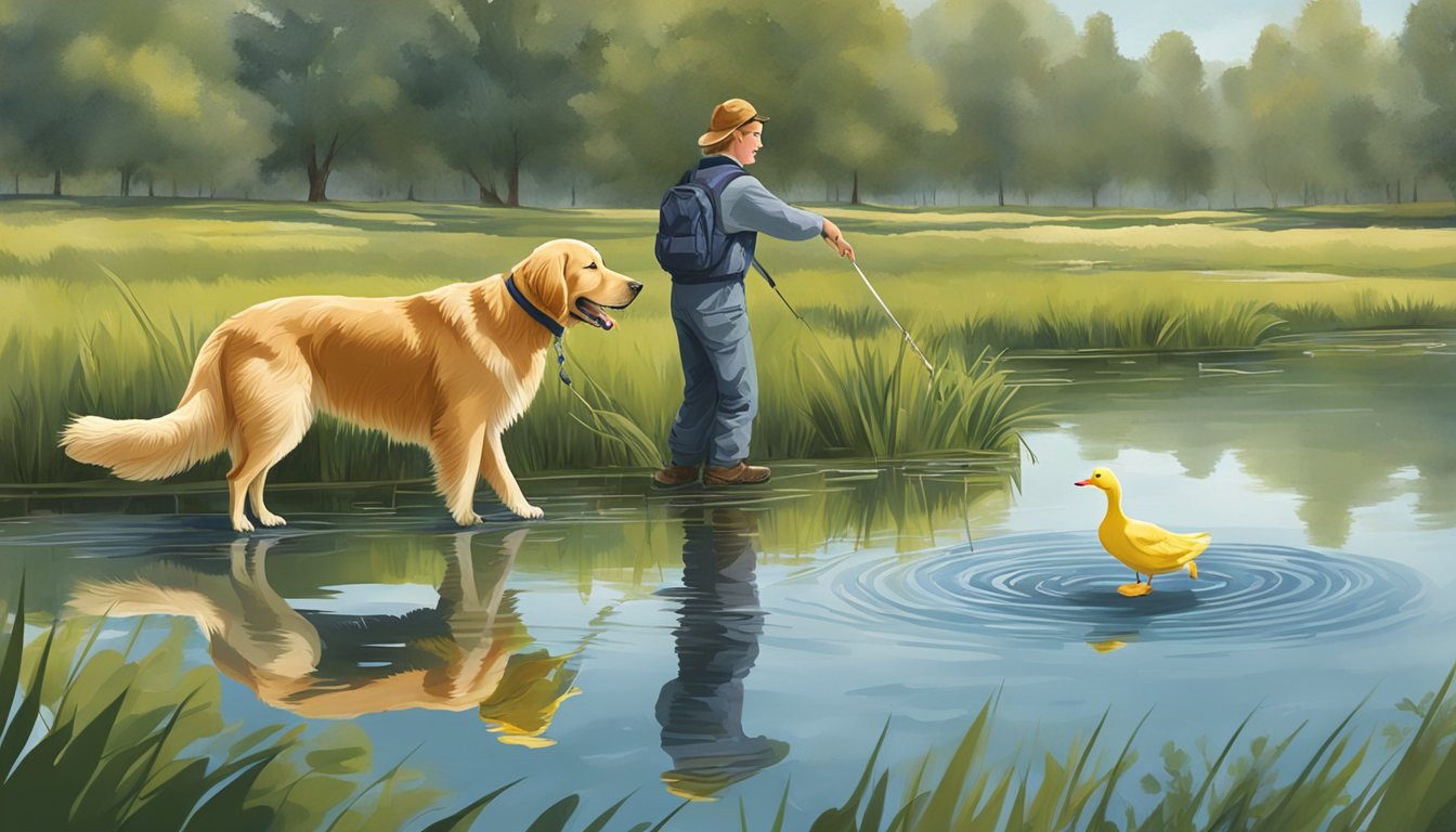 A golden retriever retrieves a duck decoy from a pond while a trainer watches closely