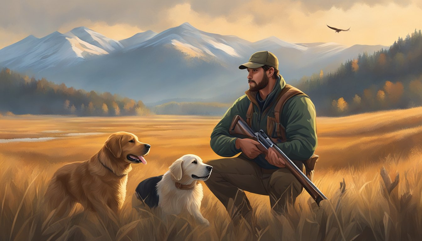 A hunter loads a shotgun while a retriever eagerly awaits commands in an open field surrounded by mountains