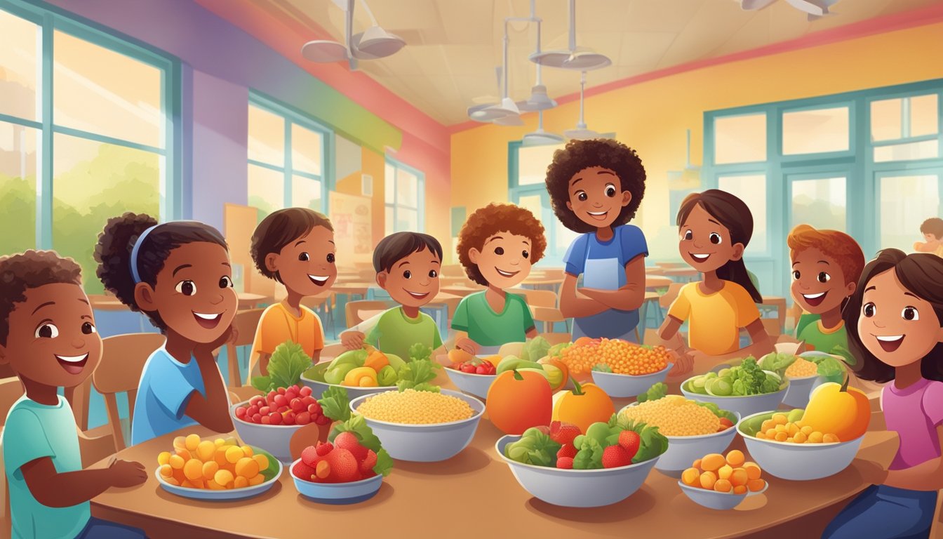 A group of happy children in a Texas school cafeteria, surrounded by colorful fruits, vegetables, and whole grains