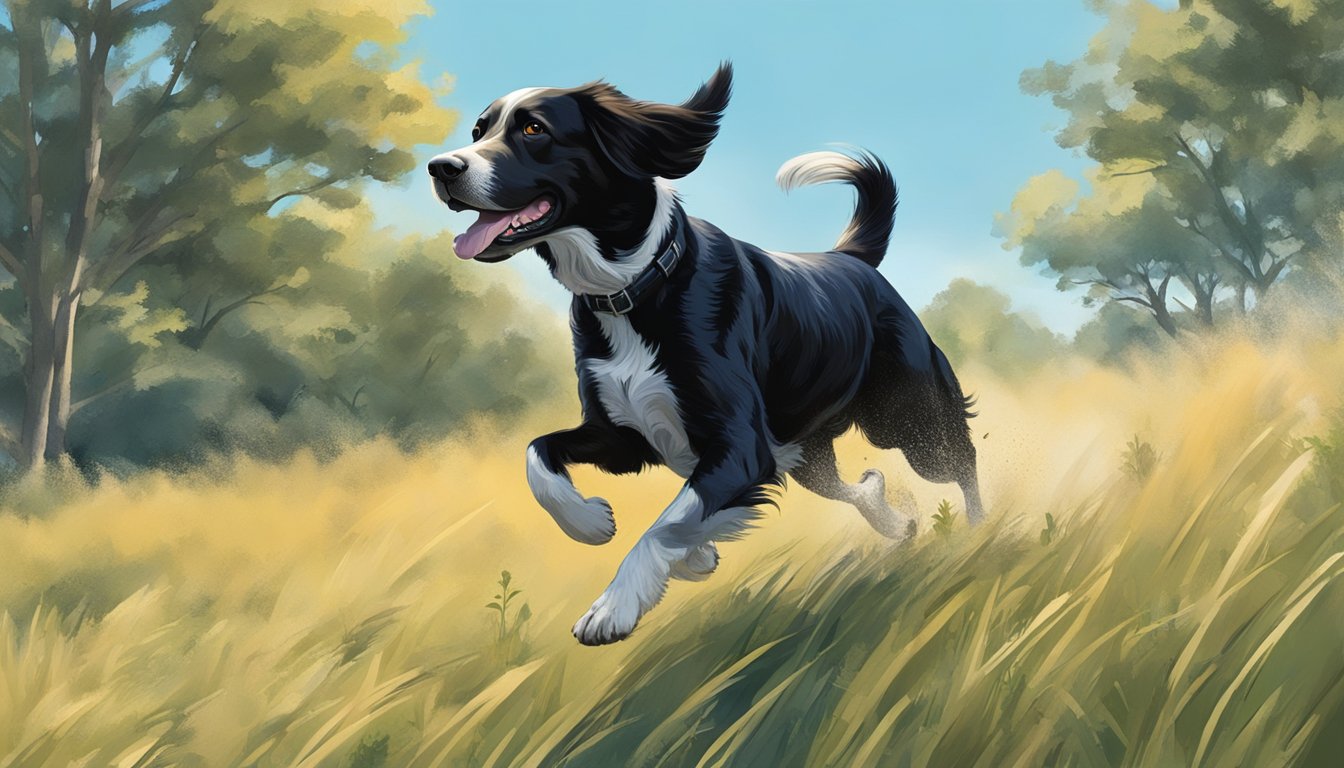 A gun dog running through a field, with trees and bushes in the background, and a clear blue sky above