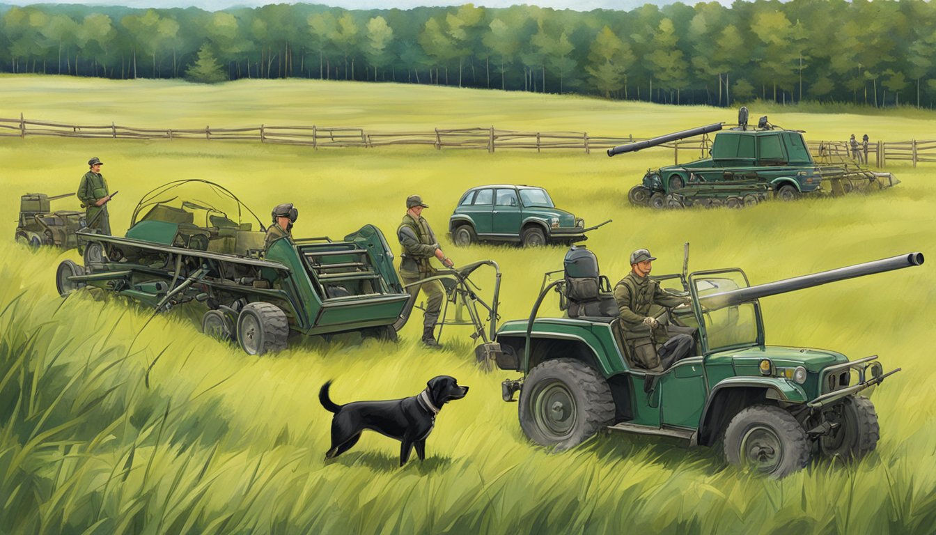 A field in New Hampshire with dog training equipment set up, including field guns and obstacles