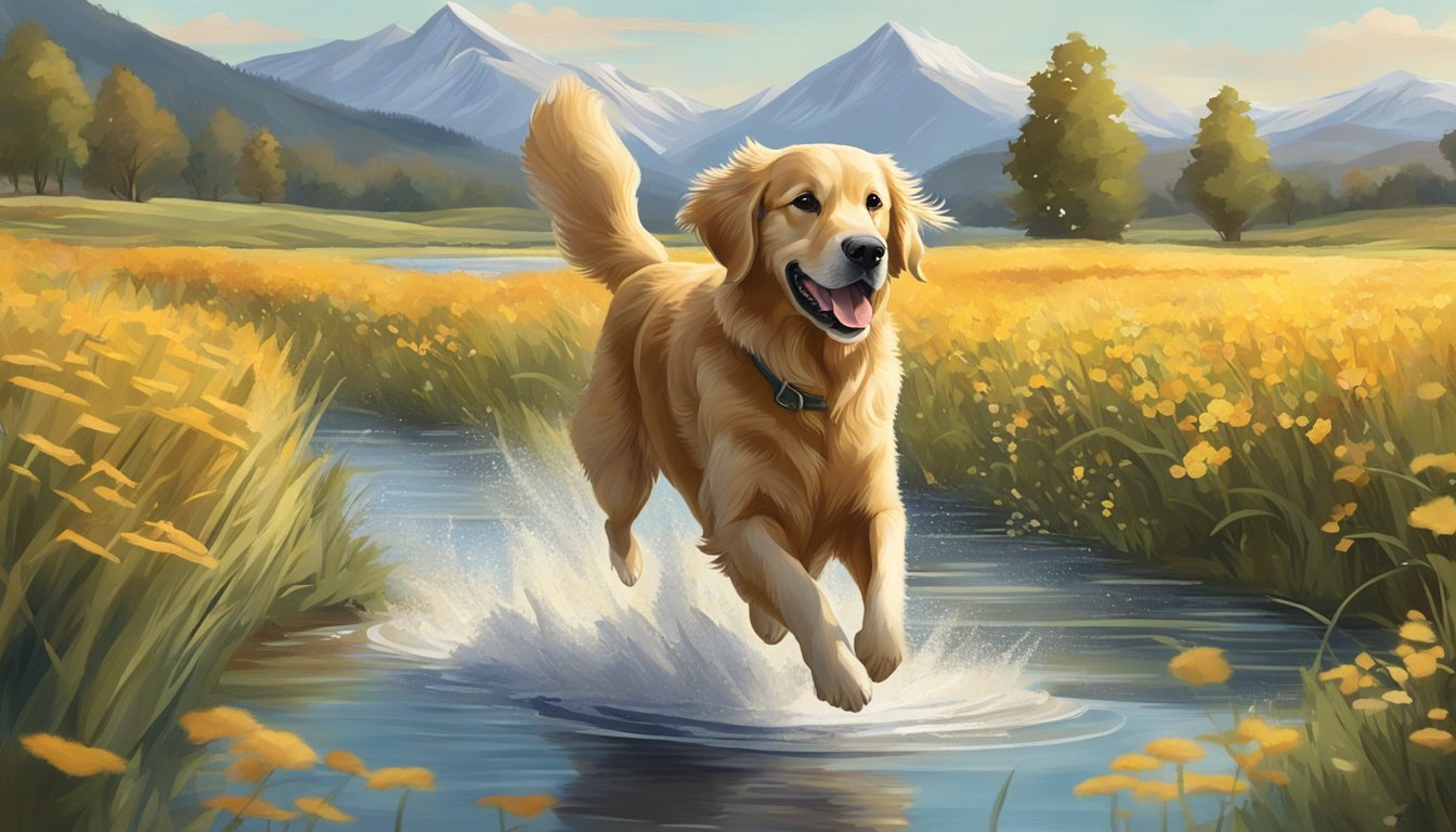 A golden retriever running through a field, retrieving a duck from a pond, with mountains in the background