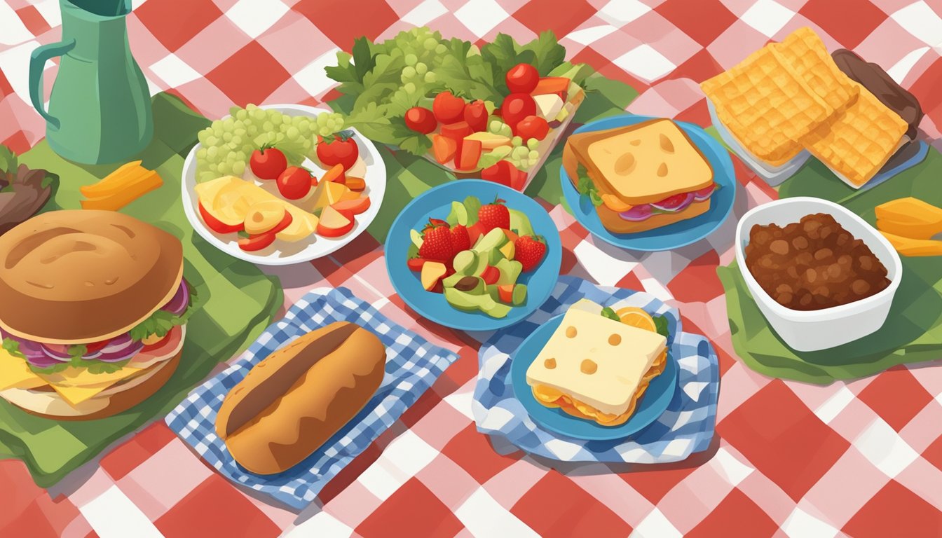 A Texan-themed picnic with a variety of colorful and nutritious foods spread out on a checkered blanket in a sunny park