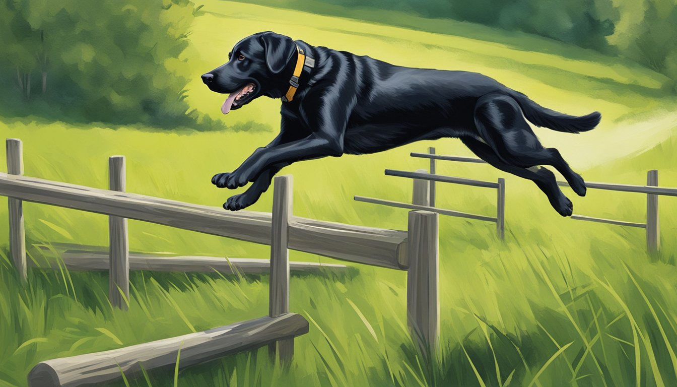 A black Labrador retriever leaps over a series of wooden hurdles in a lush green field during gun dog training in New Hampshire