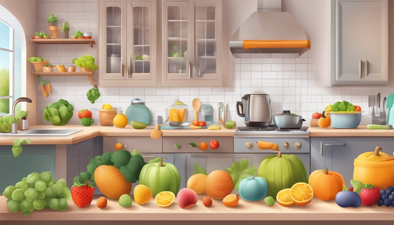 A colorful kitchen with a variety of fresh fruits, vegetables, and allergy-friendly ingredients. A child-friendly cooking station with safe utensils and cookware