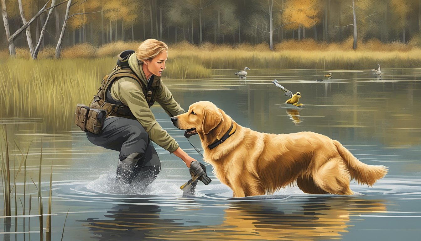 A golden retriever retrieves a duck from a pond during gun dog training in the New Hampshire countryside