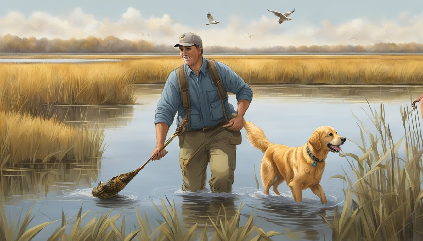 A golden retriever eagerly retrieves a duck from a serene Illinois marsh, guided by a trainer's whistle and hand signals