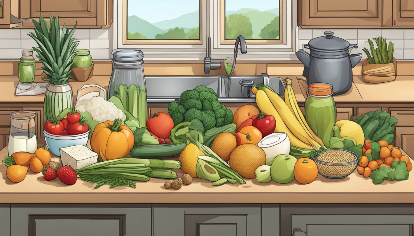 A kitchen counter with fresh fruits, vegetables, grains, and dairy products laid out for meal planning