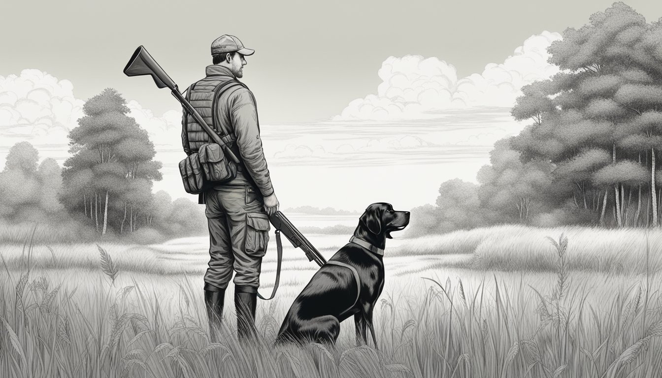 A hunter stands in a field, surrounded by tall grass and trees. A loyal gun dog sits at attention beside them, ready for training