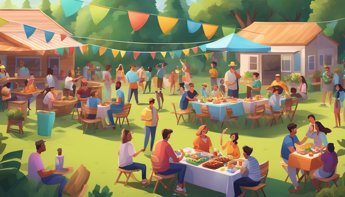 A backyard filled with colorful game stations, surrounded by happy partygoers enjoying the ultimate barbecue party