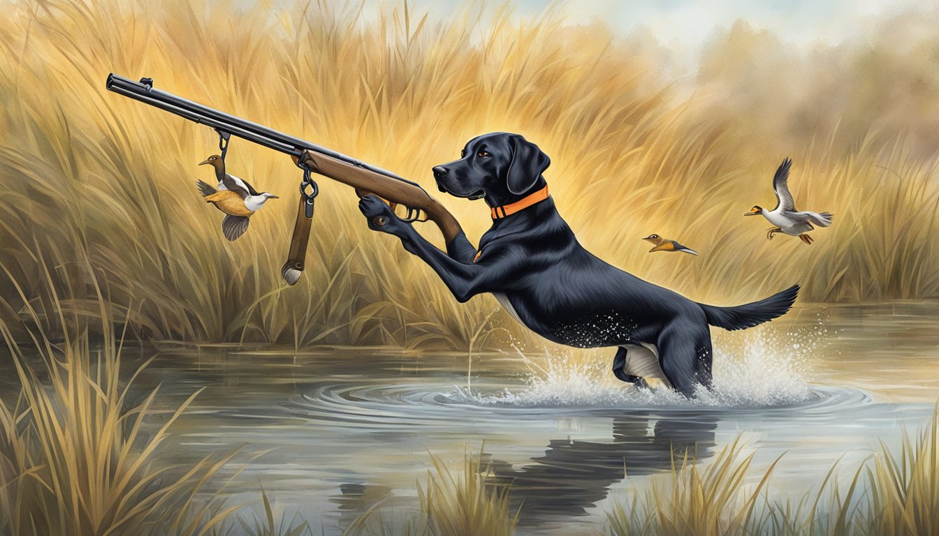 A hunting dog retrieving a duck from a pond during a gun dog training session in Iowa