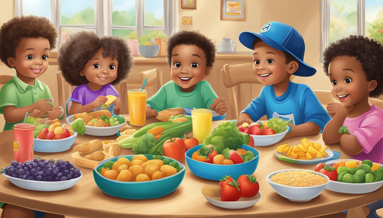 A group of Texan tots sitting at a table with a variety of colorful and nutritious foods, including fruits, vegetables, dairy, and whole grains