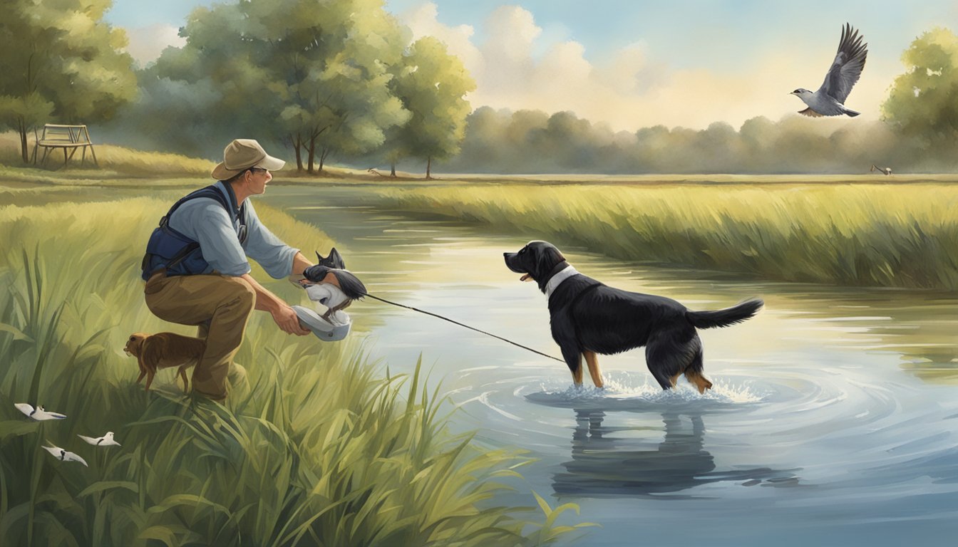 A field in Illinois with a dog retrieving a bird from the water, while a trainer watches and gives commands