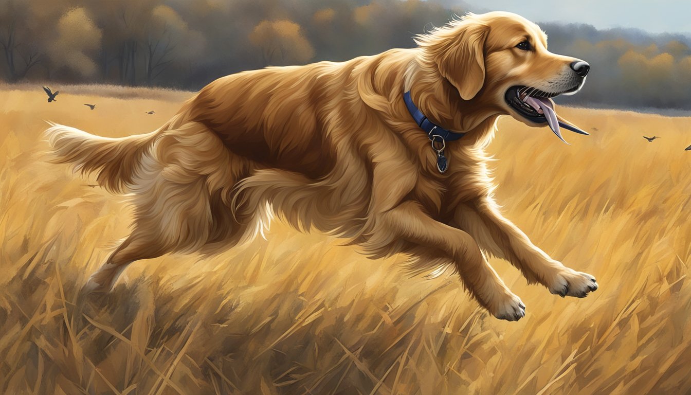 A golden retriever eagerly retrieves a fallen pheasant in a sprawling Iowa field during gun dog training