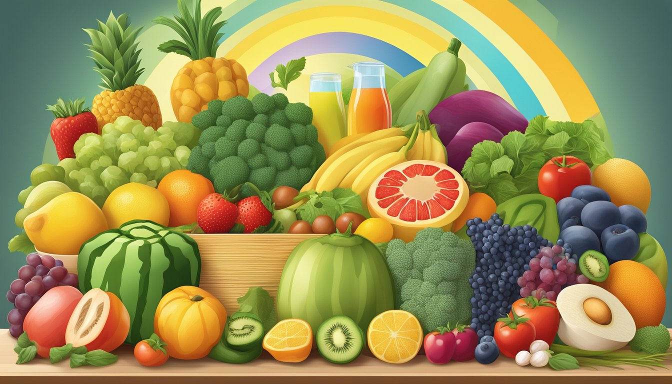 A colorful array of fresh fruits, vegetables, whole grains, and lean proteins arranged on a table, with a happy, smiling sun shining down from above