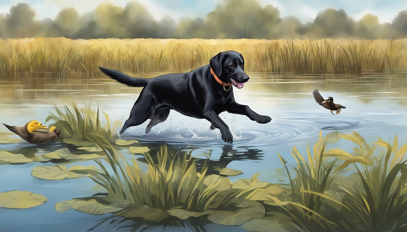 A Labrador retriever retrieves a duck from a pond during a gun dog training session in a field in Illinois