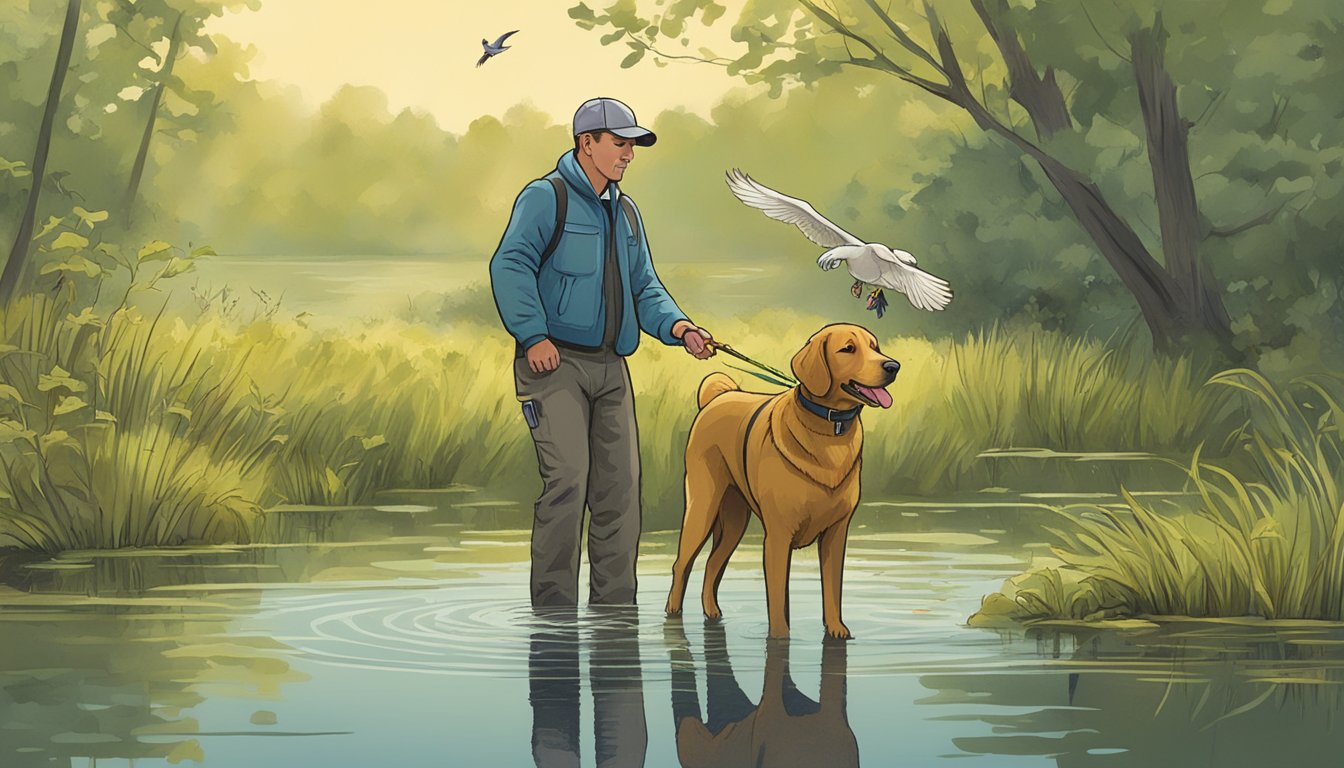 A dog trainer in New York instructs a retriever to fetch a bird from a marshy pond