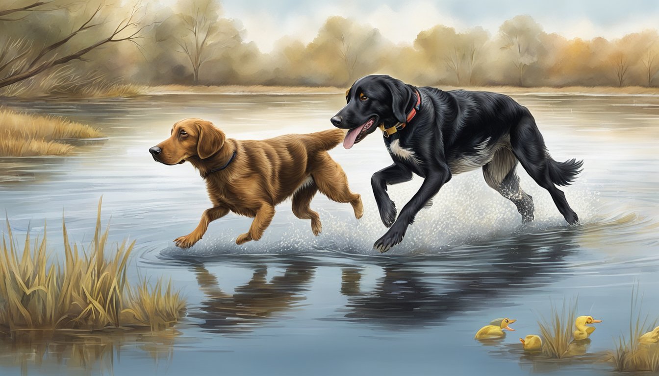 A gun dog retrieves a duck from a pond during training in rural Iowa