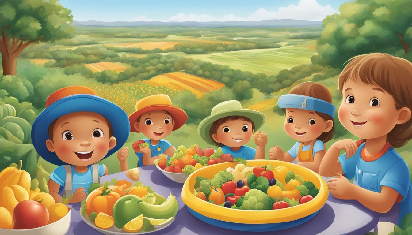 A colorful illustration of Texan tots enjoying a variety of nutritious foods, including fruits, vegetables, lean proteins, and whole grains, with a backdrop of the Texas landscape