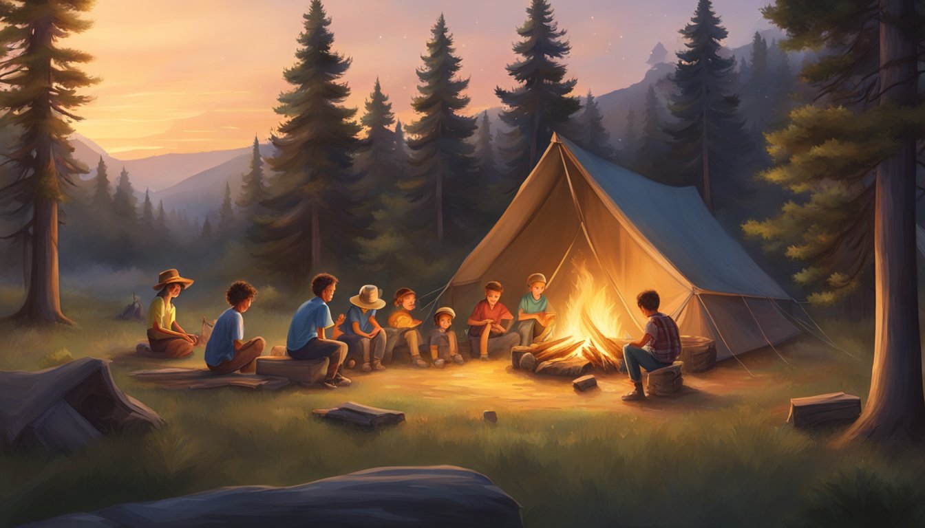 A rustic Texas summer camp nestled among rolling hills and tall pine trees, with children playing in the sunshine and a cozy campfire burning at dusk