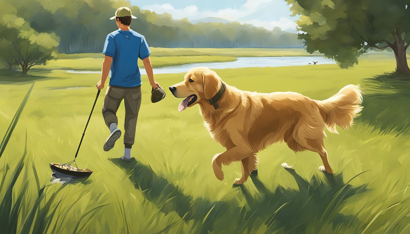 A golden retriever retrieves a fallen duck in a grassy field, while a trainer watches closely