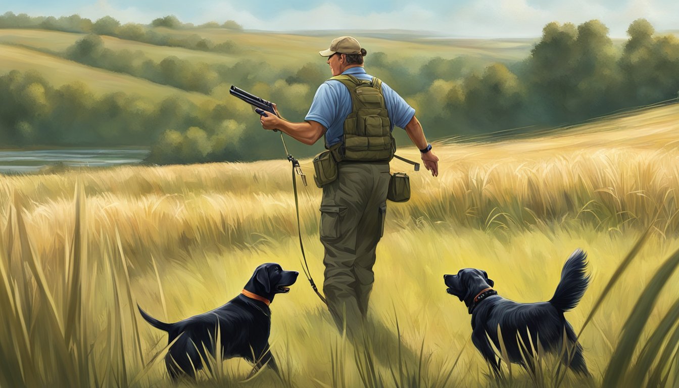 A gun dog training field in Iowa, with a trainer using advanced techniques to instruct a retriever. The dog is focused and obedient amidst tall grass and rolling hills