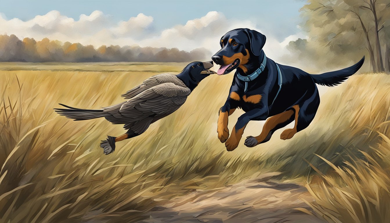 A gun dog retrieves a fallen bird during training in the fields of Illinois