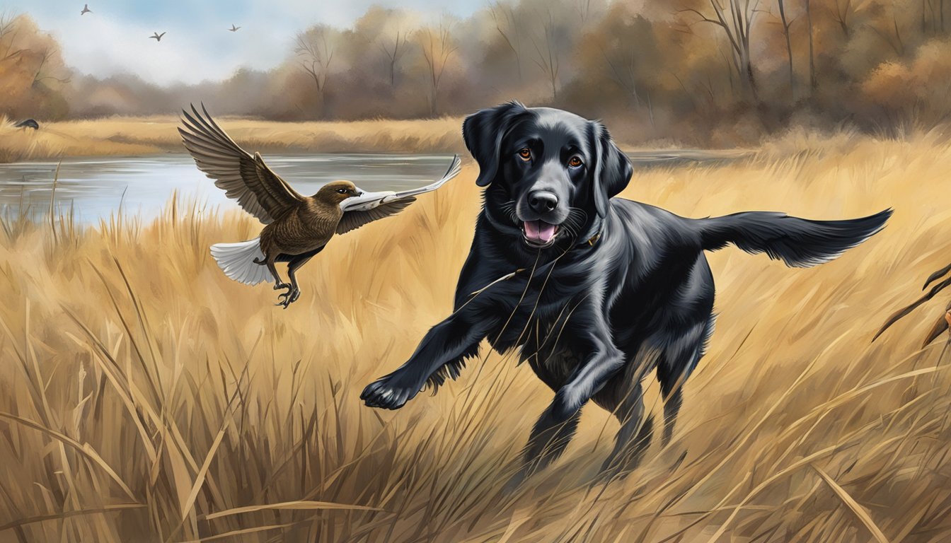 A gun dog eagerly retrieves a fallen bird during a training session in the Iowa countryside