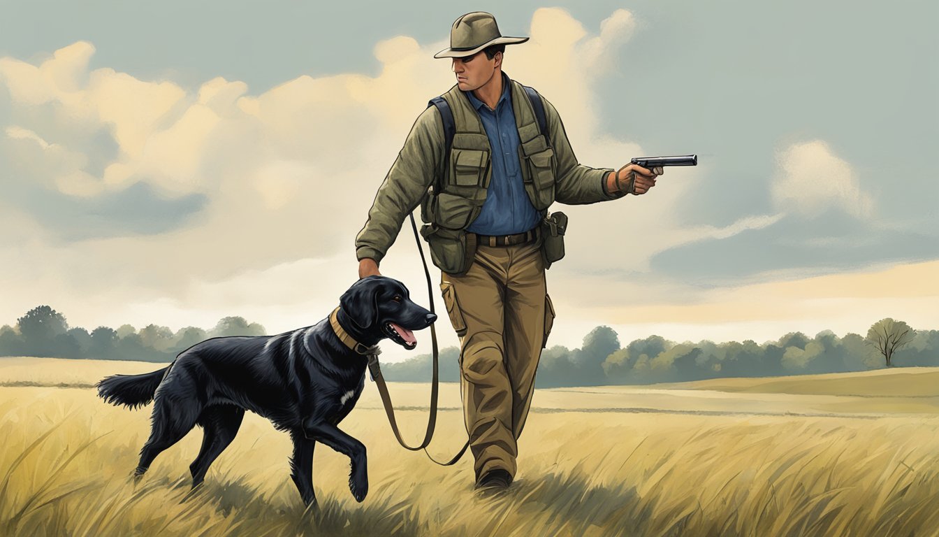 A handler guides a gun dog through obedience training in a rural Illinois field