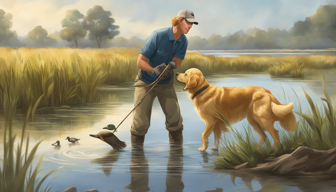 A golden retriever retrieves a duck from a marsh, while a trainer gives commands from the shore