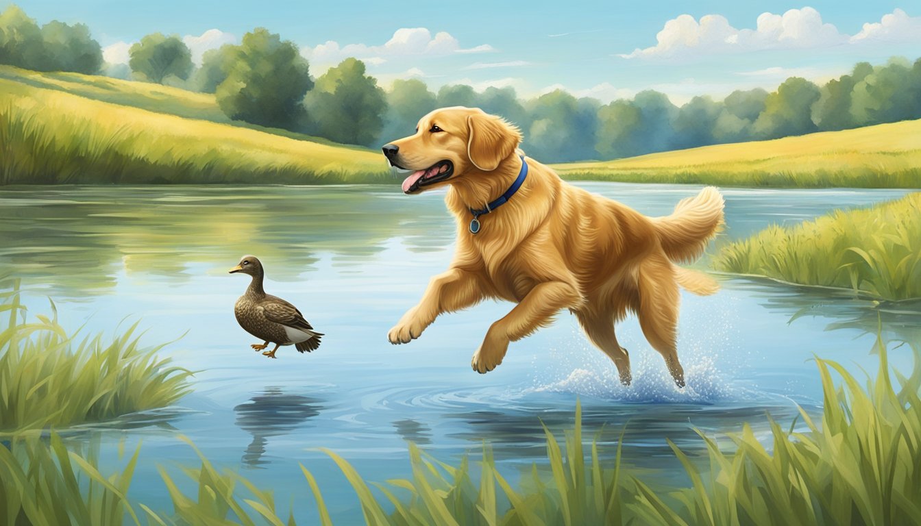 A golden retriever eagerly retrieves a duck from a calm Iowa river, surrounded by lush green fields and a clear blue sky