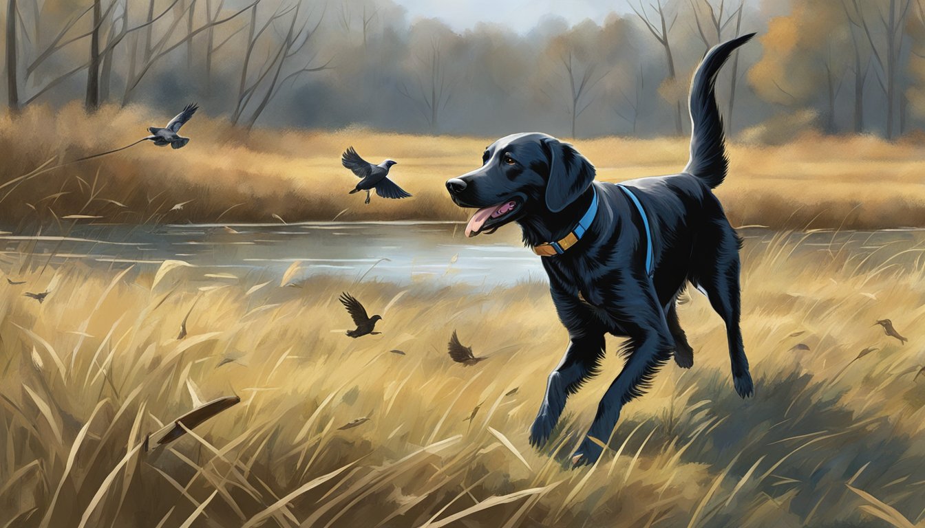 A gun dog retrieves a fallen bird during a training session in a New York field