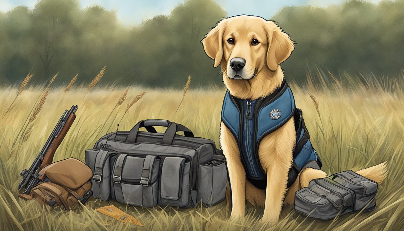 A retriever dog wearing a vest with pockets, standing next to a shotgun and a pile of training gear in a field in Iowa