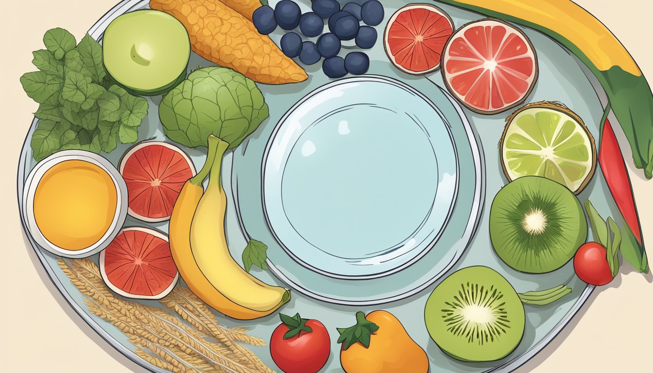 A colorful array of fruits, vegetables, and whole grains arranged on a plate, with a glass of water beside it