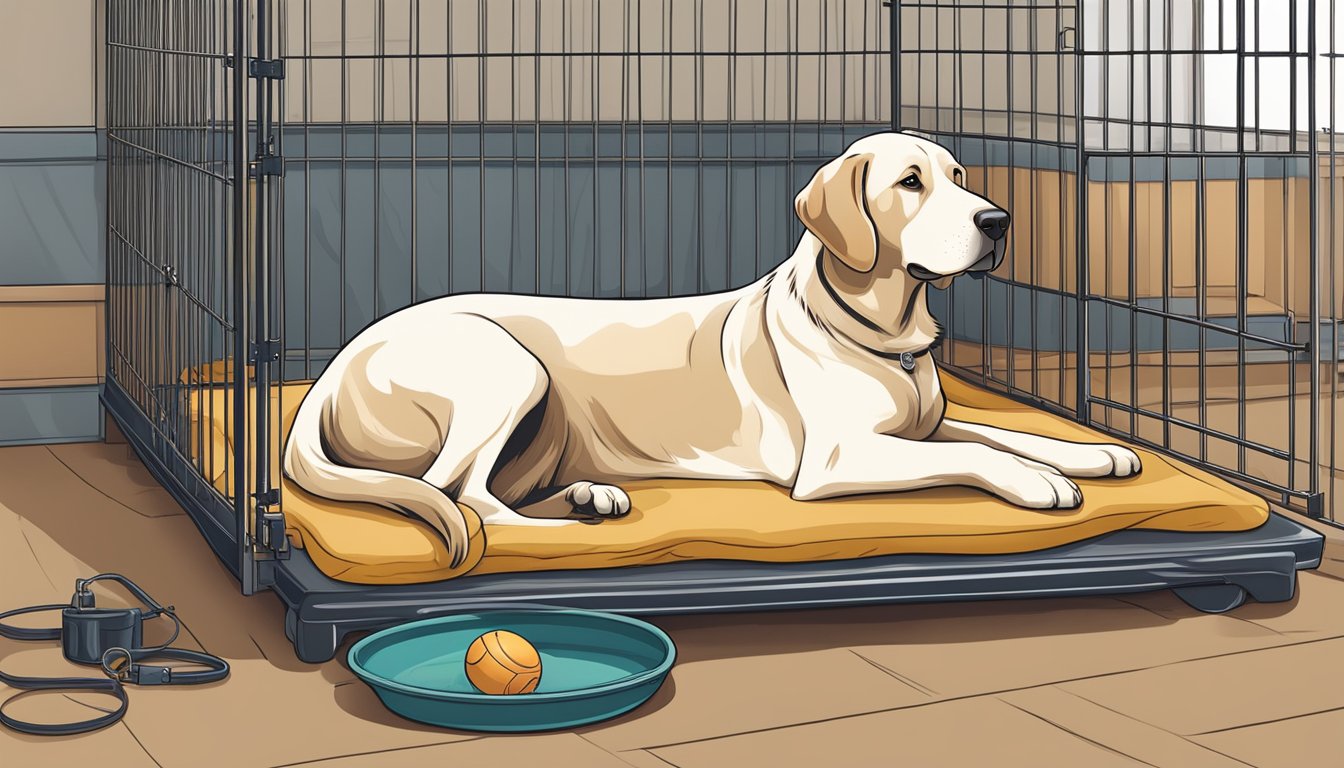 A spacious kennel with a cozy bed, water bowl, and toys. A well-groomed gun dog sits attentively, ready for training