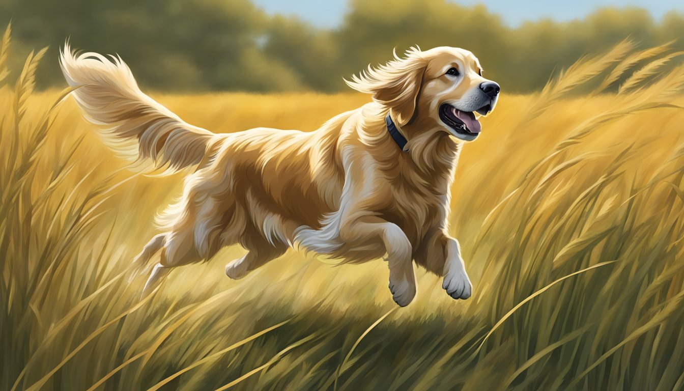 A golden retriever runs through a field of tall grass, its tail wagging eagerly as it follows its trainer's commands during seasonal gun dog training in New York