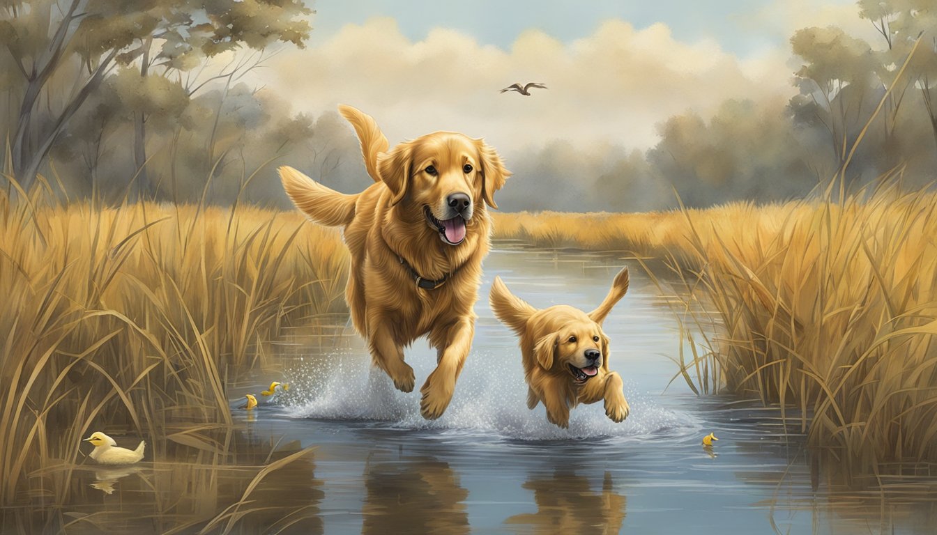 A golden retriever eagerly retrieves a fallen duck in a Kansas wetland, guided by a trainer's whistle and hand signals