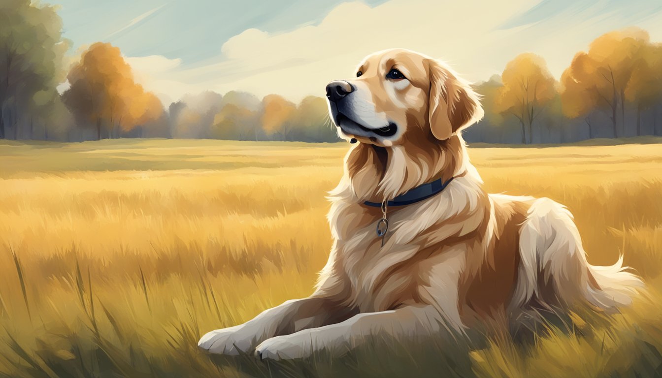 A golden retriever sits attentively in a field as a trainer gives commands and gestures with a whistle around his neck