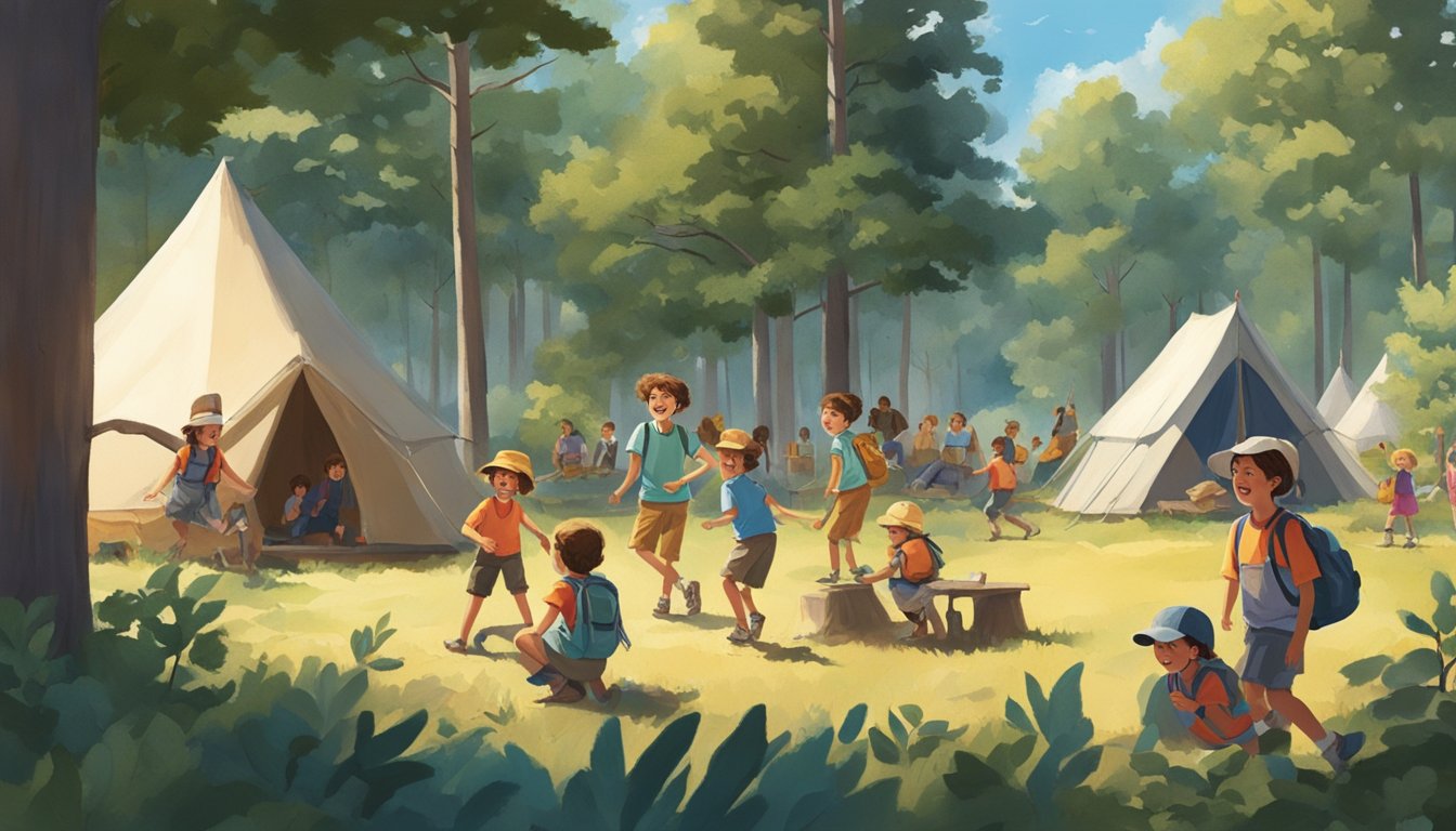 A group of children playing and laughing at a summer camp in the heart of the Texas wilderness, surrounded by tall trees and a clear blue sky