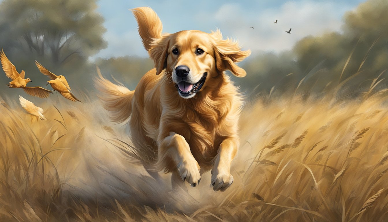 A golden retriever running through a field, retrieving a fallen bird during gun dog training in Kansas