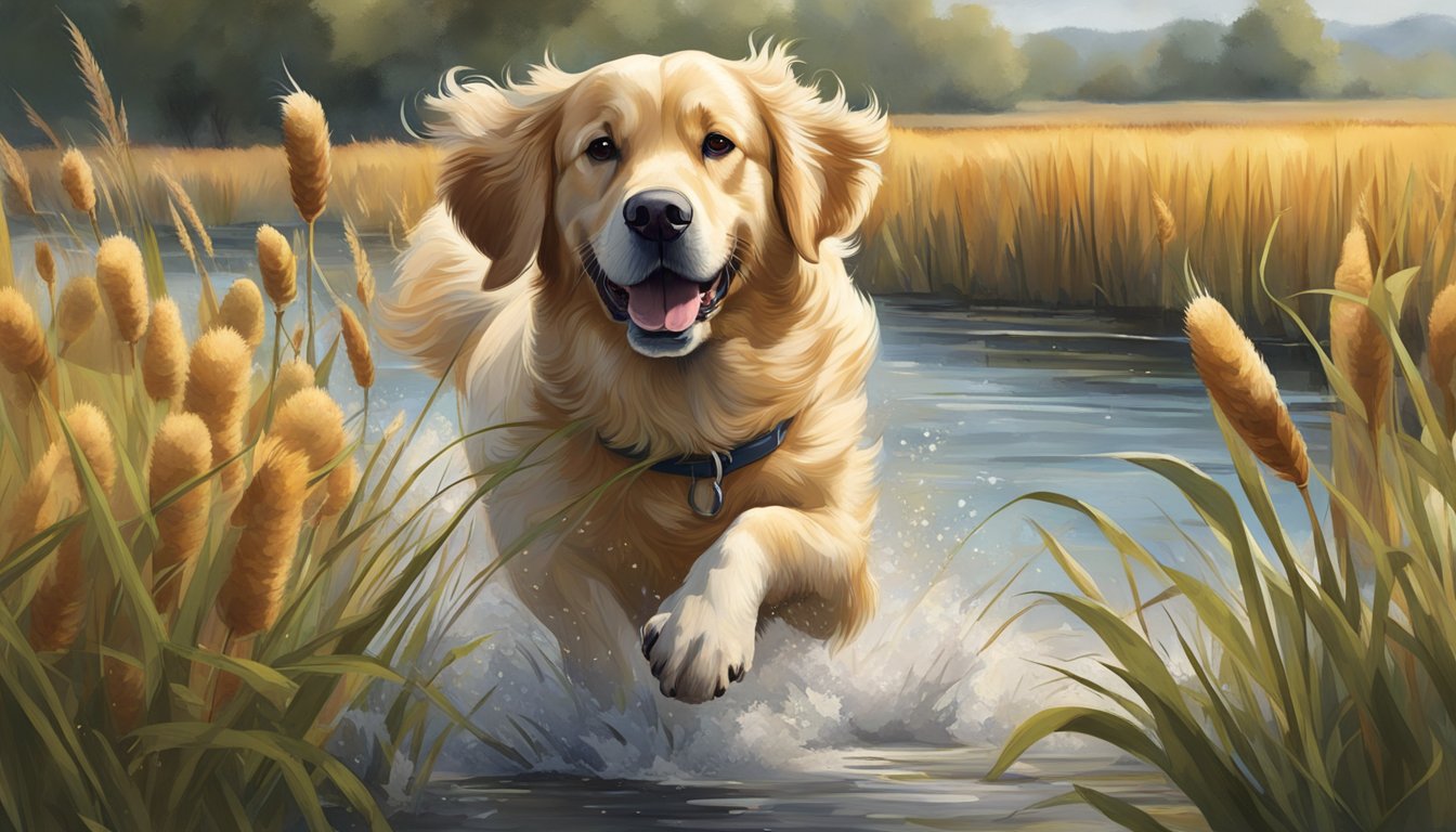 A retriever dog running through a field with tall grass and cattails, holding a duck in its mouth