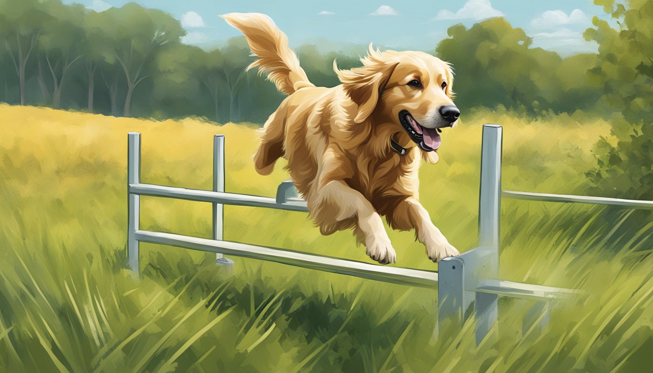 A golden retriever leaps over a hurdle in a lush Kansas field during advanced gun dog training