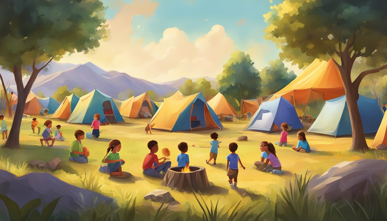 A sunny Texas landscape with colorful tents, campfires, and children playing outdoor games