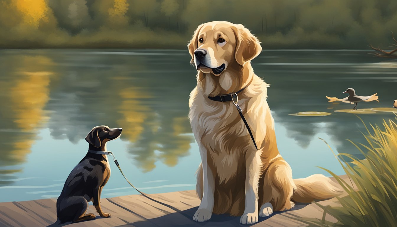 A retriever dog sits by a calm lake, focused on a duck decoy. A trainer stands nearby, holding a whistle and hand signals