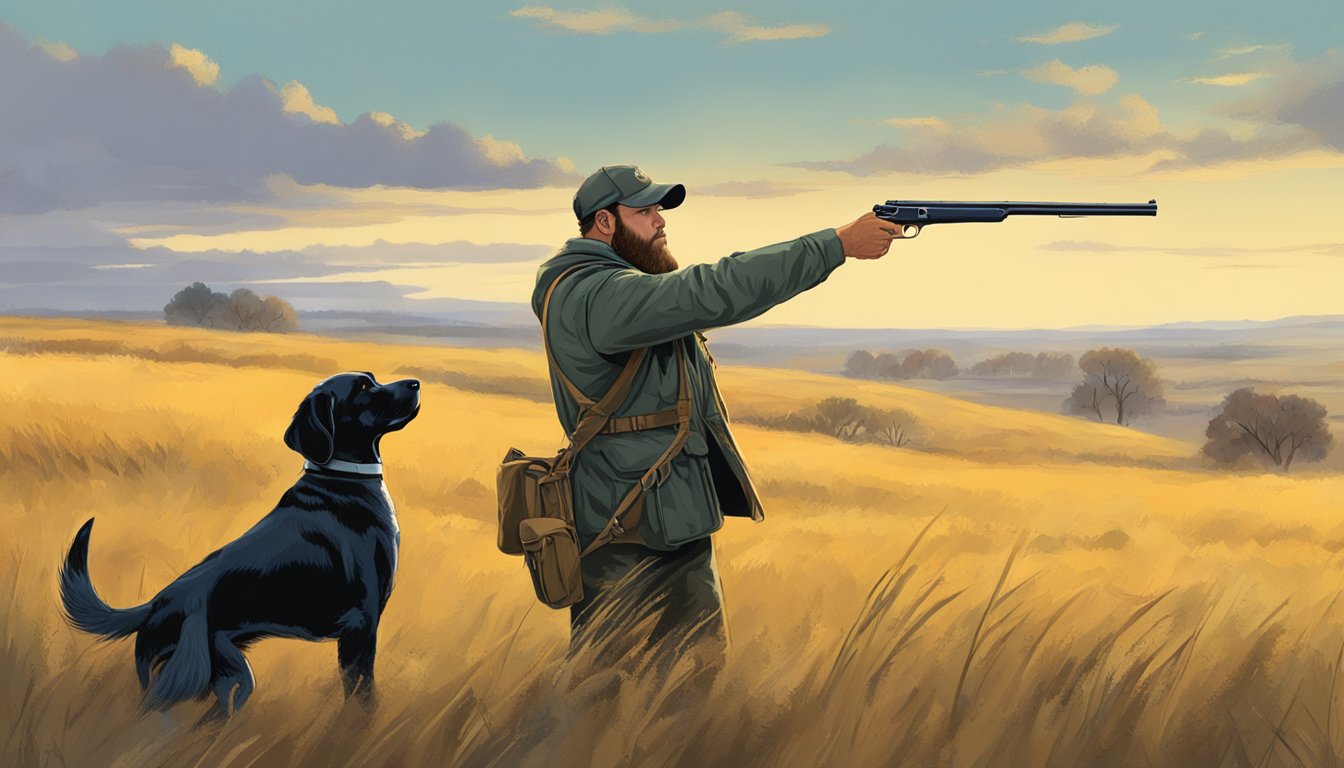 A hunter in Kansas trains a gun dog in an open field, using hand signals and commands to direct the dog's movements