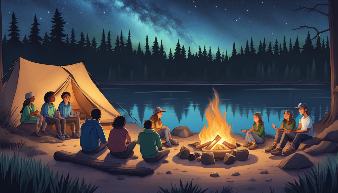 A serene lakeside campfire surrounded by happy campers sharing stories and memories under the starry Texas night sky