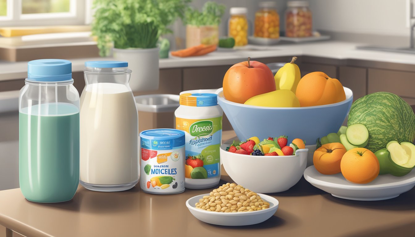 A colorful array of fruits, vegetables, and packaged supplements displayed on a kitchen counter. A child's plate with fortified cereal and milk sits nearby