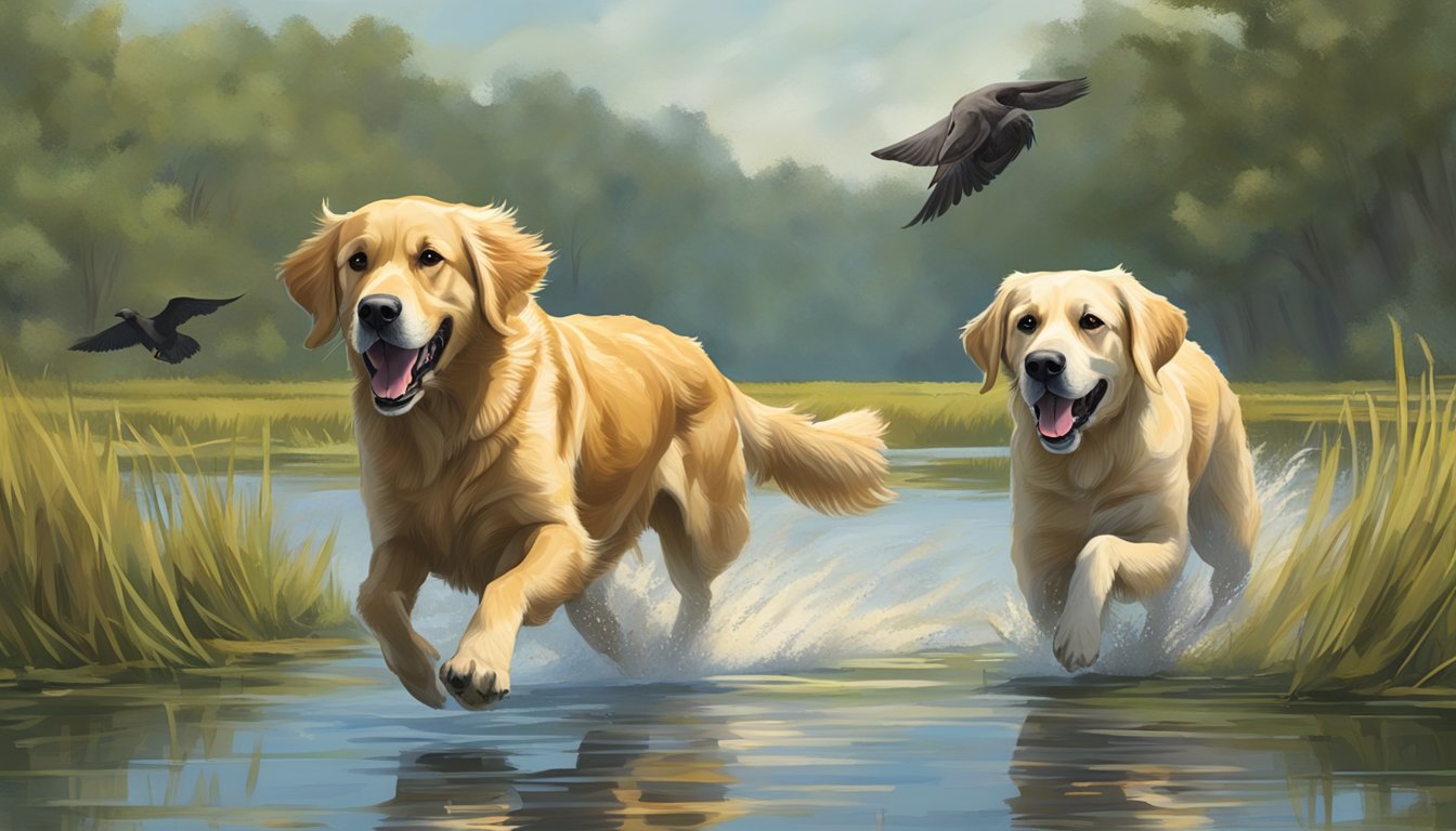 A golden retriever and a labrador retriever running through a lush Louisiana marsh, with a hunter in the distance training them to retrieve game