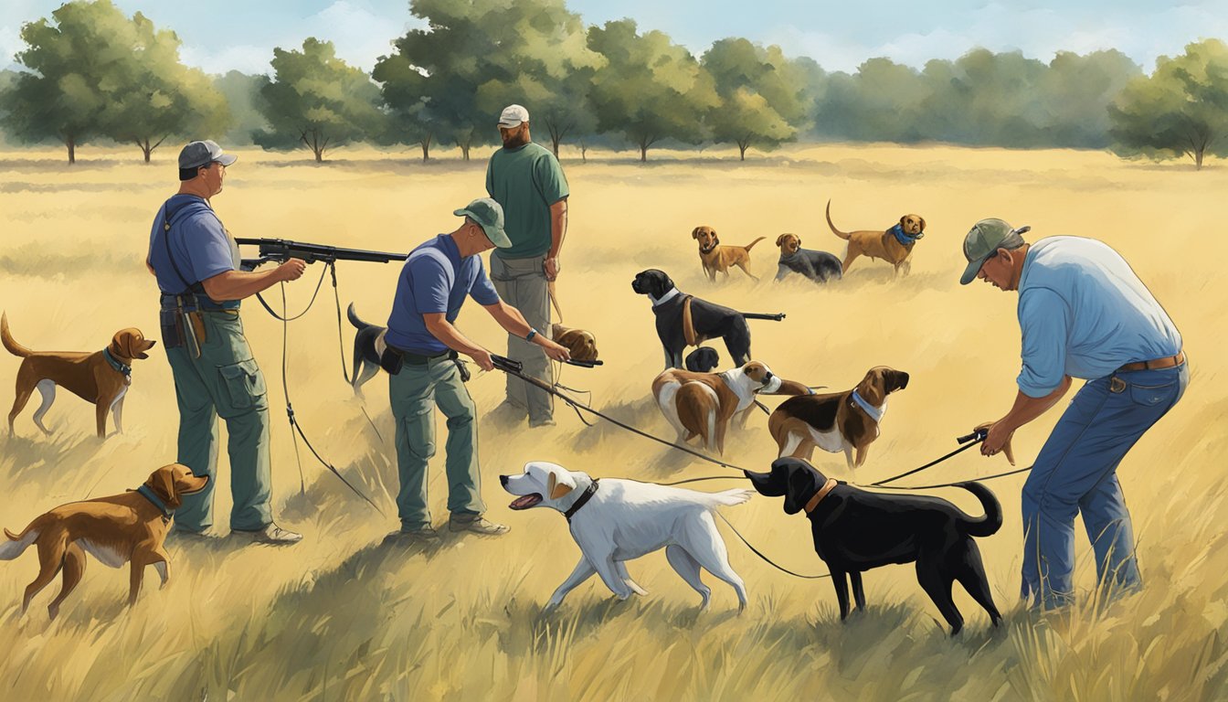 A field in Kansas with a dog training program in action, with gun dog training equipment and trainers working with the dogs